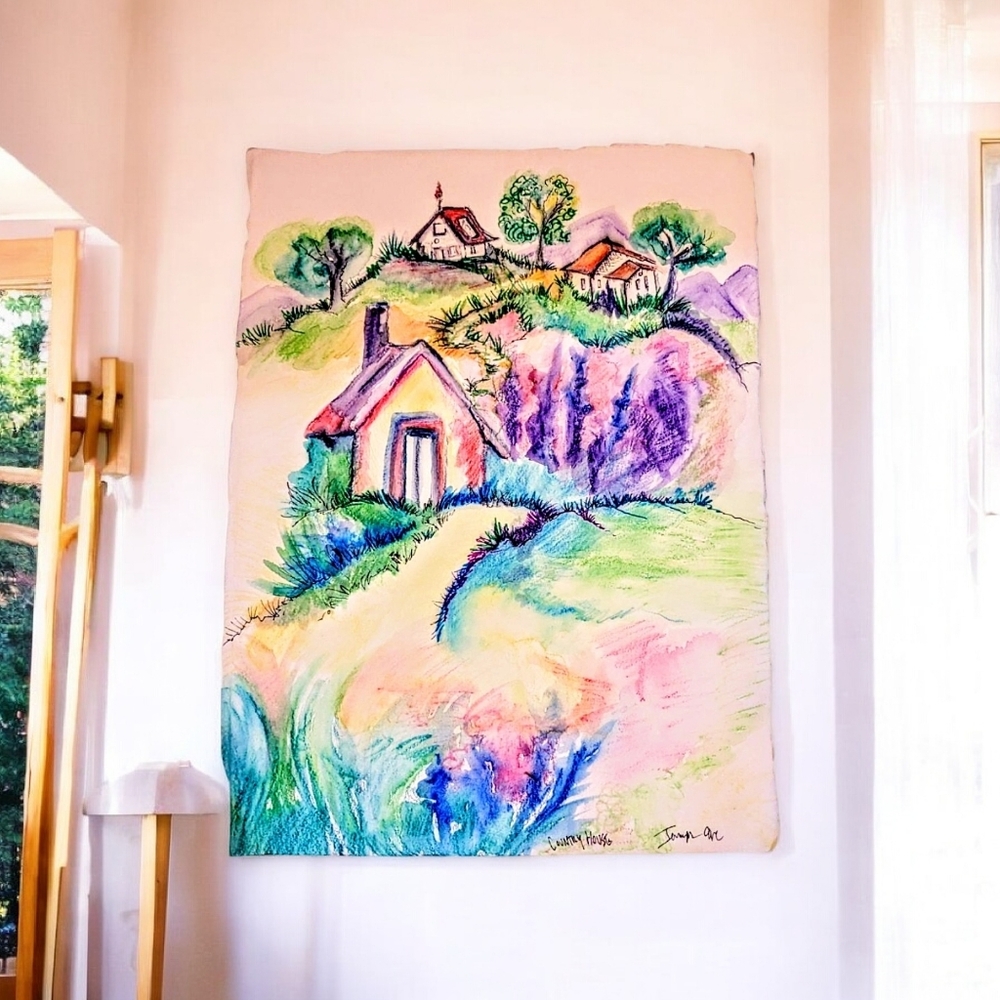 Watercolor Country House. Signed original